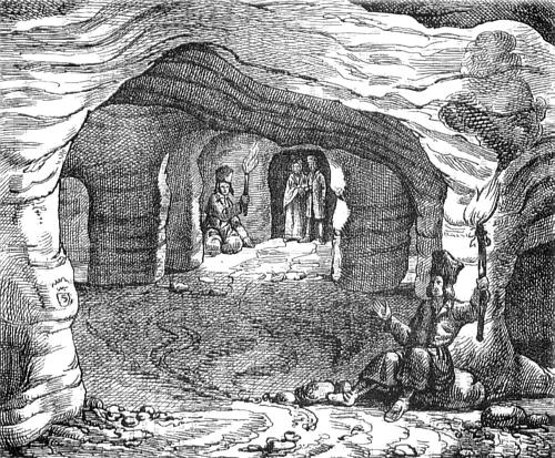 A cave in Podolia - woodcut from 1841.